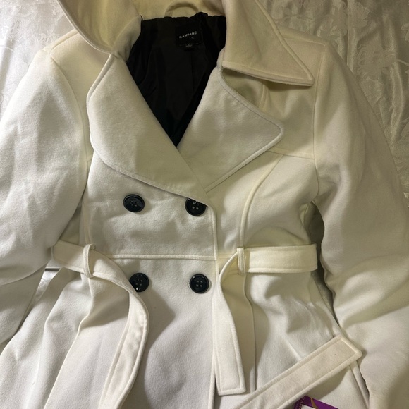 Rampage Coat Women's Large White Button Front Pockets Belt Polyester Long Sleeve - Picture 2 of 7